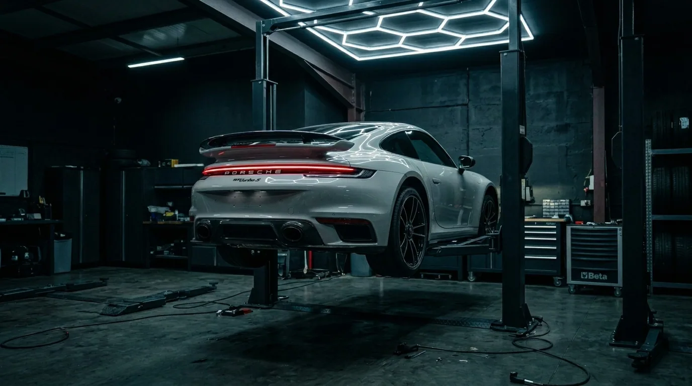 Porsche 911 Turbo S na zdviháku v dielni